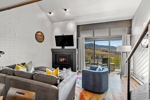 Smart TV, chimenea, reproductor de DVD, libros