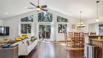 TV connectée, cheminée, écrans d'ordinateur