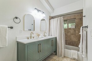 Hair dryer, towels, soap, shampoo