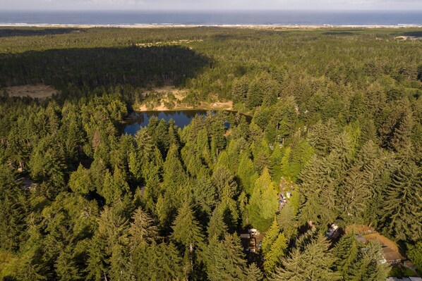 An aerial view of a forested area with a lake, a small settlement, and a distant coastline.