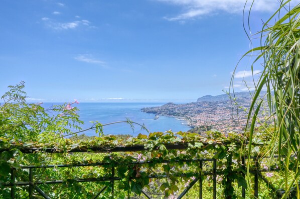 Un paisaje costero con vistas despejadas al mar y montañas a lo lejos.