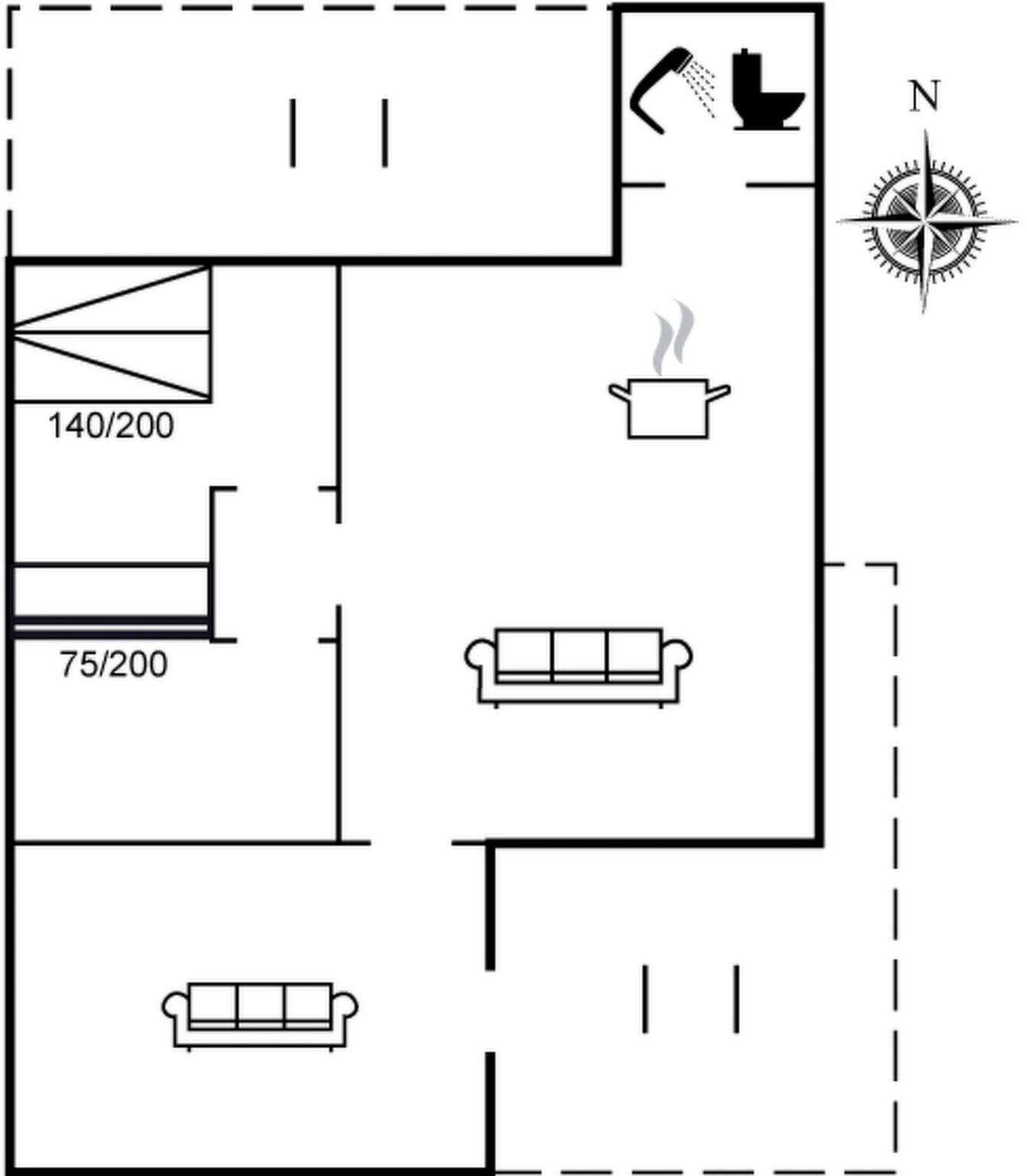 Un plano de planta que muestra una cocina, dos zonas de estar y un baño.
