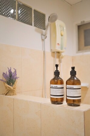 Shower, hair dryer, towels, soap