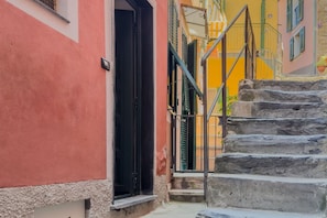 Un estrecho callejón con una escalera de piedra que conduce a un edificio con una puerta negra y contraventanas verdes.