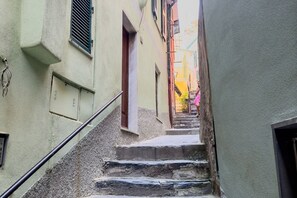 Un estrecho callejón con una escalera de piedra que lleva a una puerta.