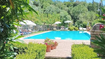 Utomhuspool, parasoller och solstolar