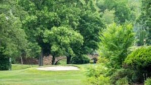 A lush green golf course with a stone bridge, surrounded by dense trees and well-maintained grass.