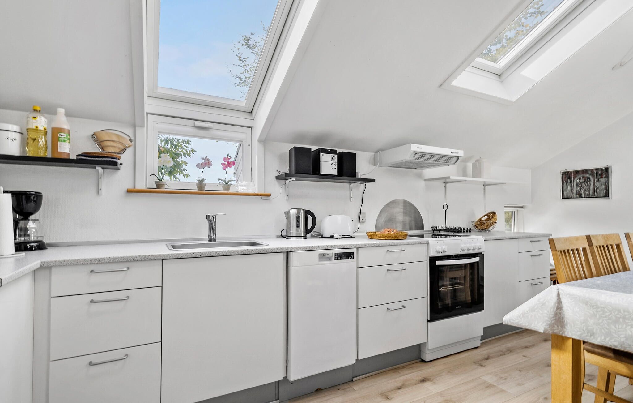 Fridge, stovetop, dishwasher, coffee/tea maker