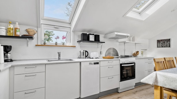 A modern kitchen with white cabinetry, a built-in oven, and a skylight.