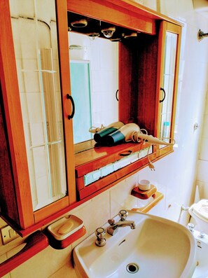 Hair dryer, towels, soap, toilet paper