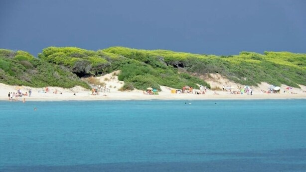 A beach with people, tents, and a clear sky. - Apulia Sea Punta Prosciutto (Punta Prosciutto)