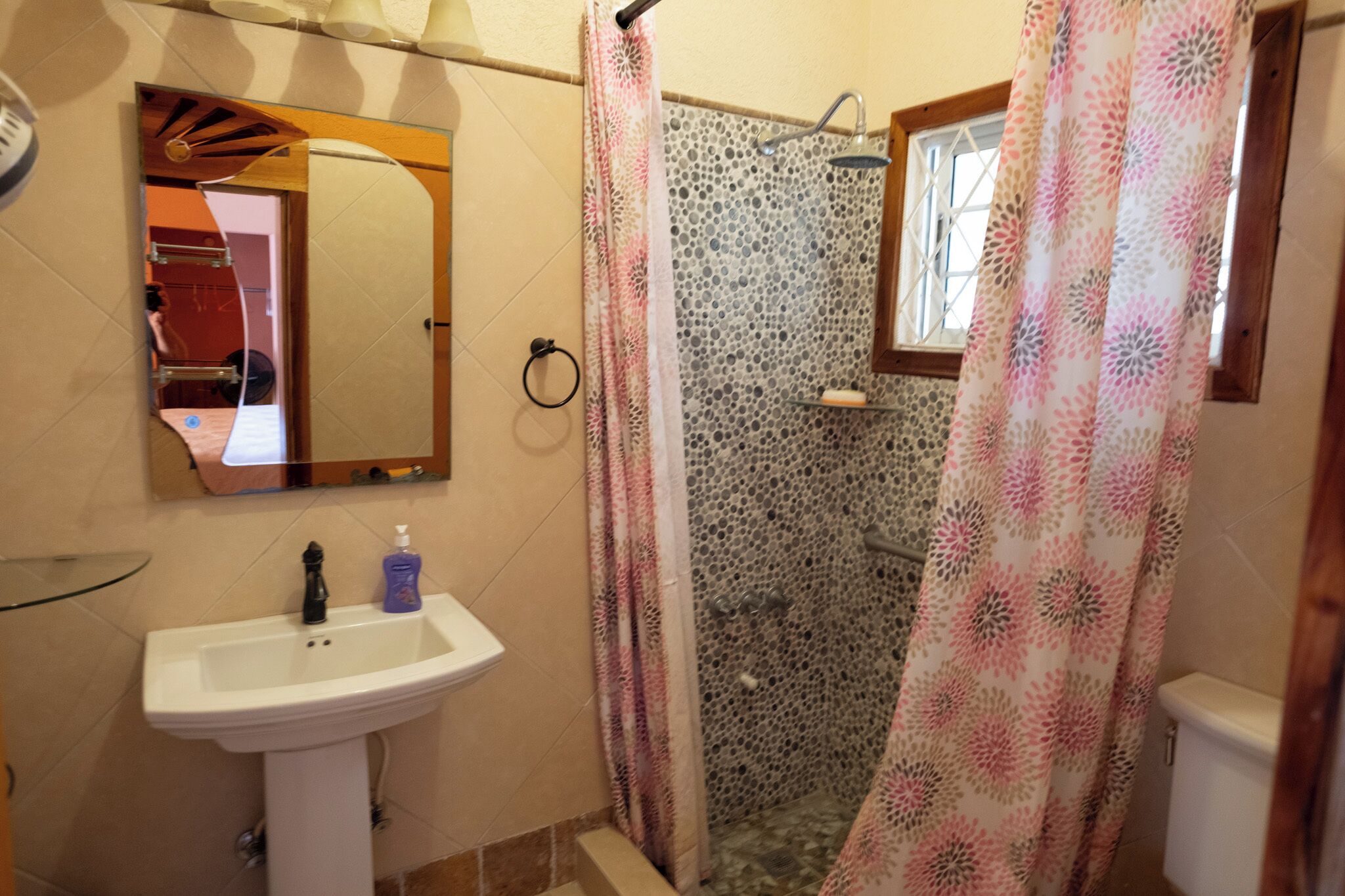 A bathroom with a shower, sink, and mirror.
