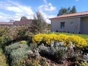A residential area with a house featuring a tiled roof, surrounded by various plants and shrubs, including yellow flowers and silver-leaved plants. - Modern studio with terrace, parking, and WIFI (Baignes-Sainte-Radegonde)