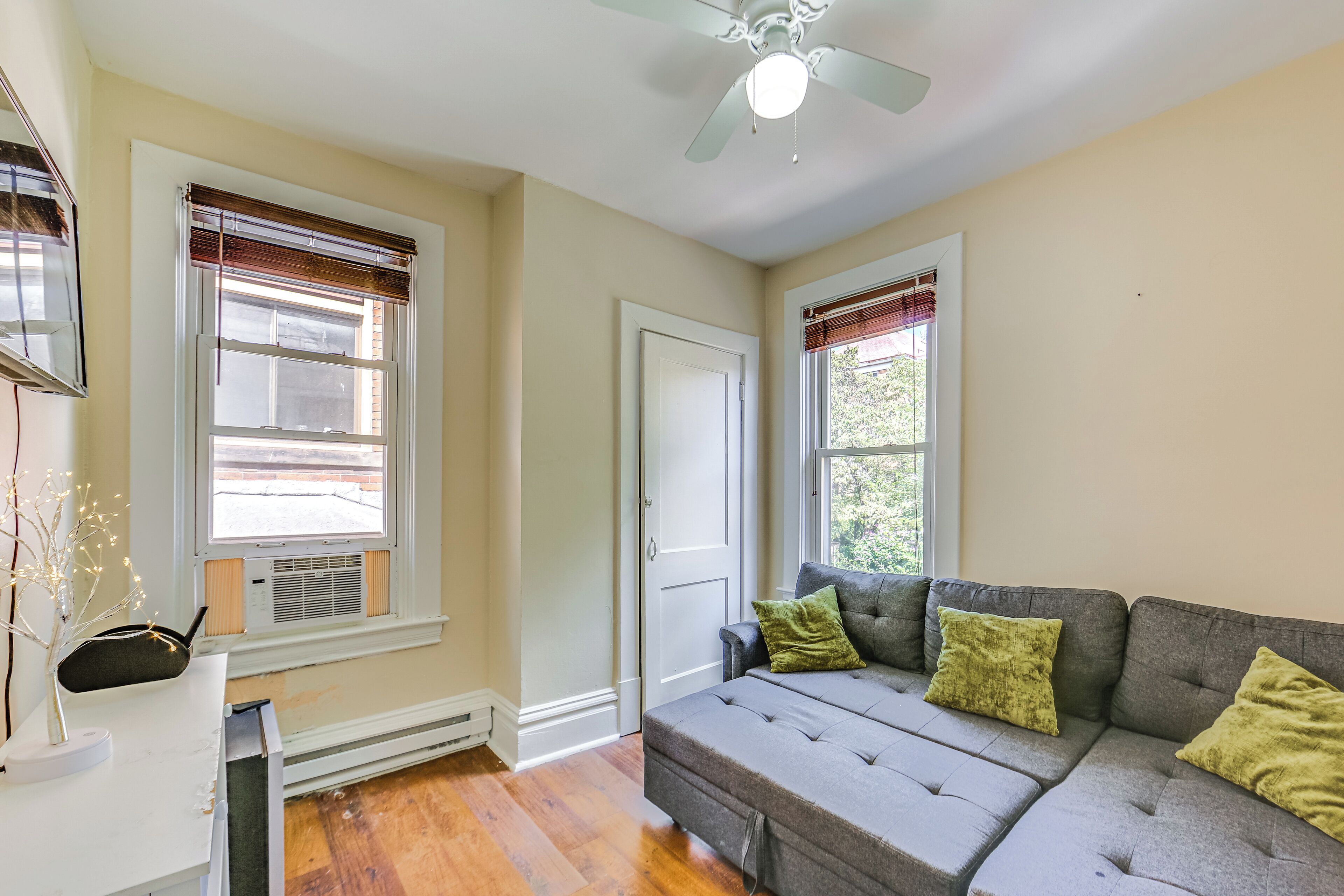 A living room with a grey sofa, two green cushions, a ceiling fan, and a window with blinds.