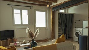Un salon avec un canapé, un téléviseur et un vase contenant de l’herbe des pampas. On aperçoit une machine à laver et une poubelle au fond.