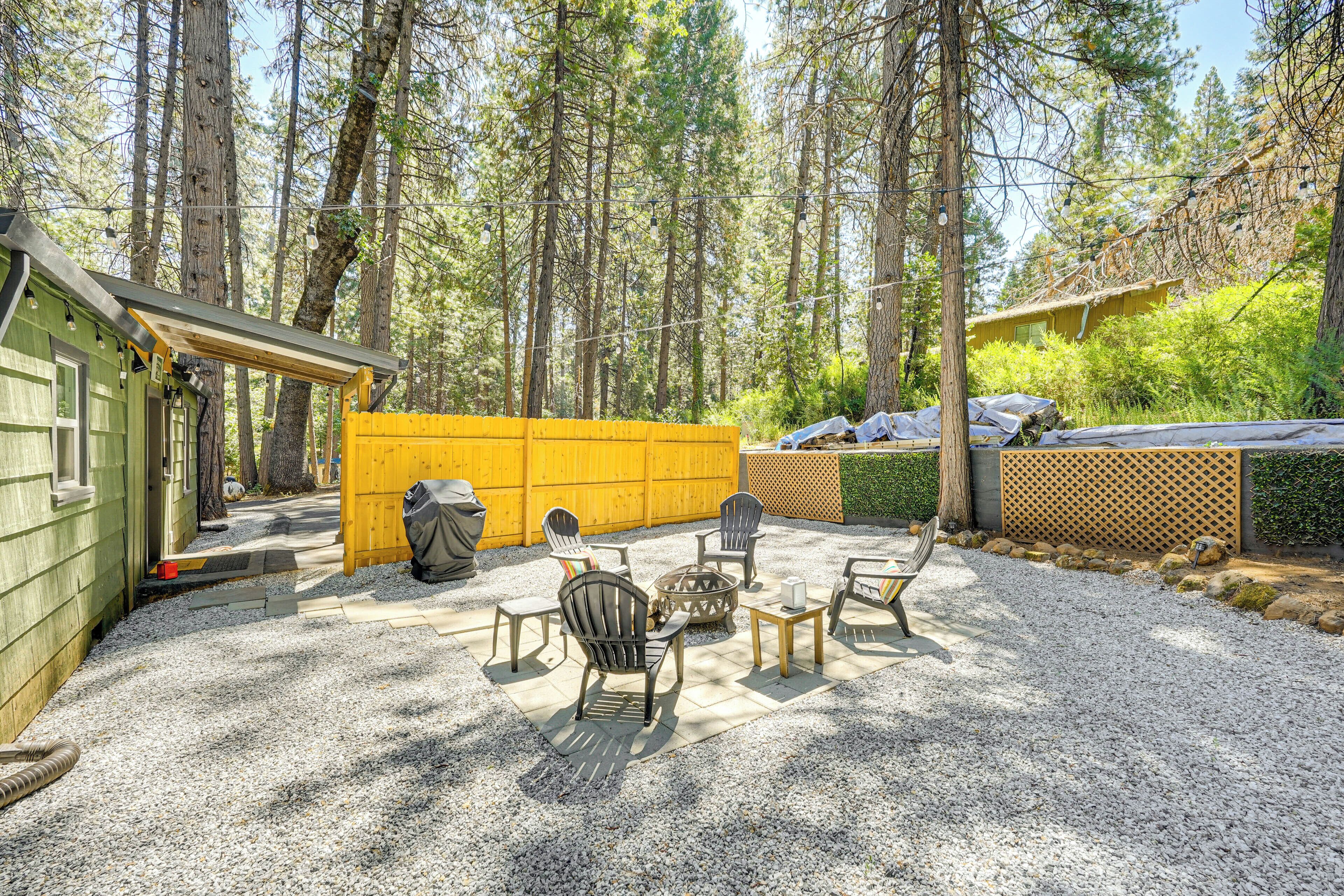 A patio with outdoor seating, a fire pit, and a small shed in a forested area.