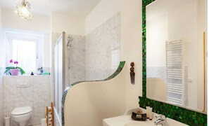 Hair dryer, towels, soap, shampoo