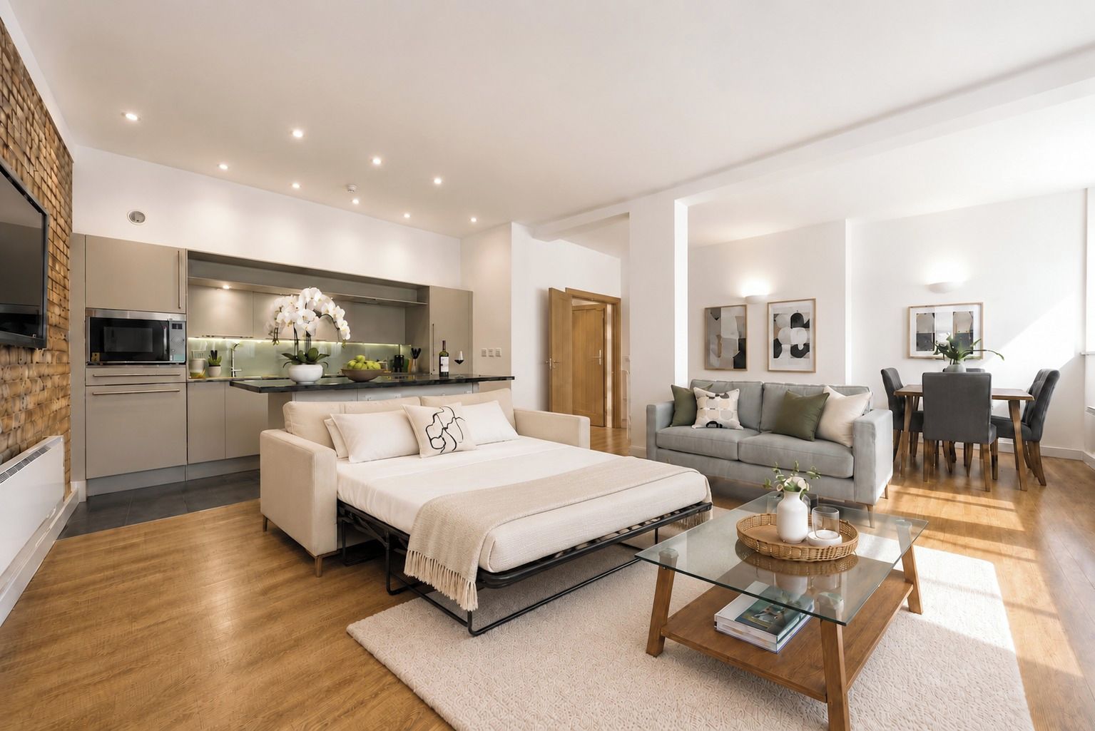 A modern apartment with a kitchenette, a bed, a sofa, and a dining area.