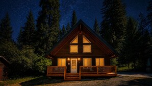 Una cabaña con un porche delantero, ventanas amplias y un cielo nocturno estrellado.