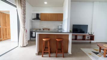Appartement, 1 chambre, cuisine, vue mer | Cuisine privée | Grand réfrigérateur, micro-ondes, four, plaque de cuisson