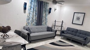A living room with a grey sofa, a dining table with chairs, a patterned rug, and a window with curtains.