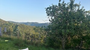 A rustic outdoor seating area with wooden furniture and a view of a lush landscape.
