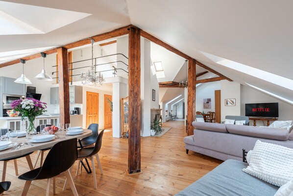 Deluxe Apartment | Living room | 50-inch plasma TV with cable channels - Spacious 2-level apart National Theatre (Prague)