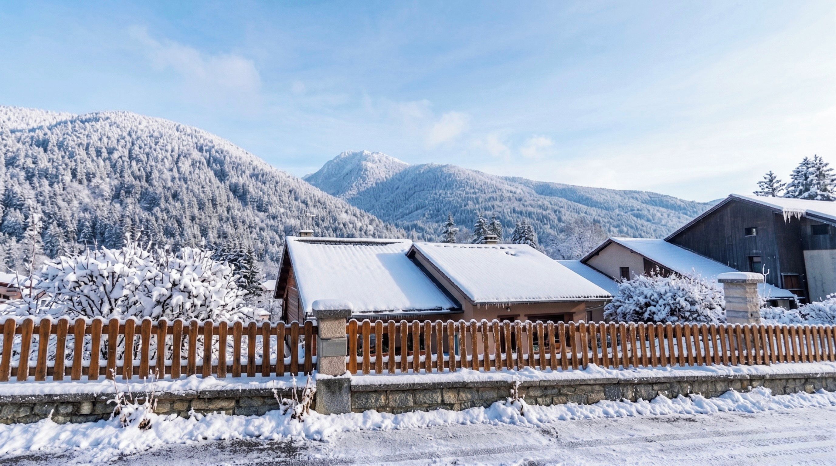 A snow-covered mountain landscape with wooden buildings and a stone wall.