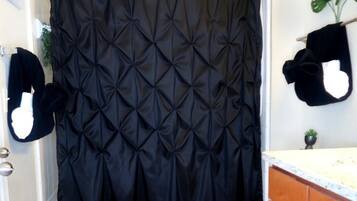 Hair dryer, towels, soap, shampoo