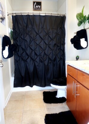 Hair dryer, towels, soap, shampoo