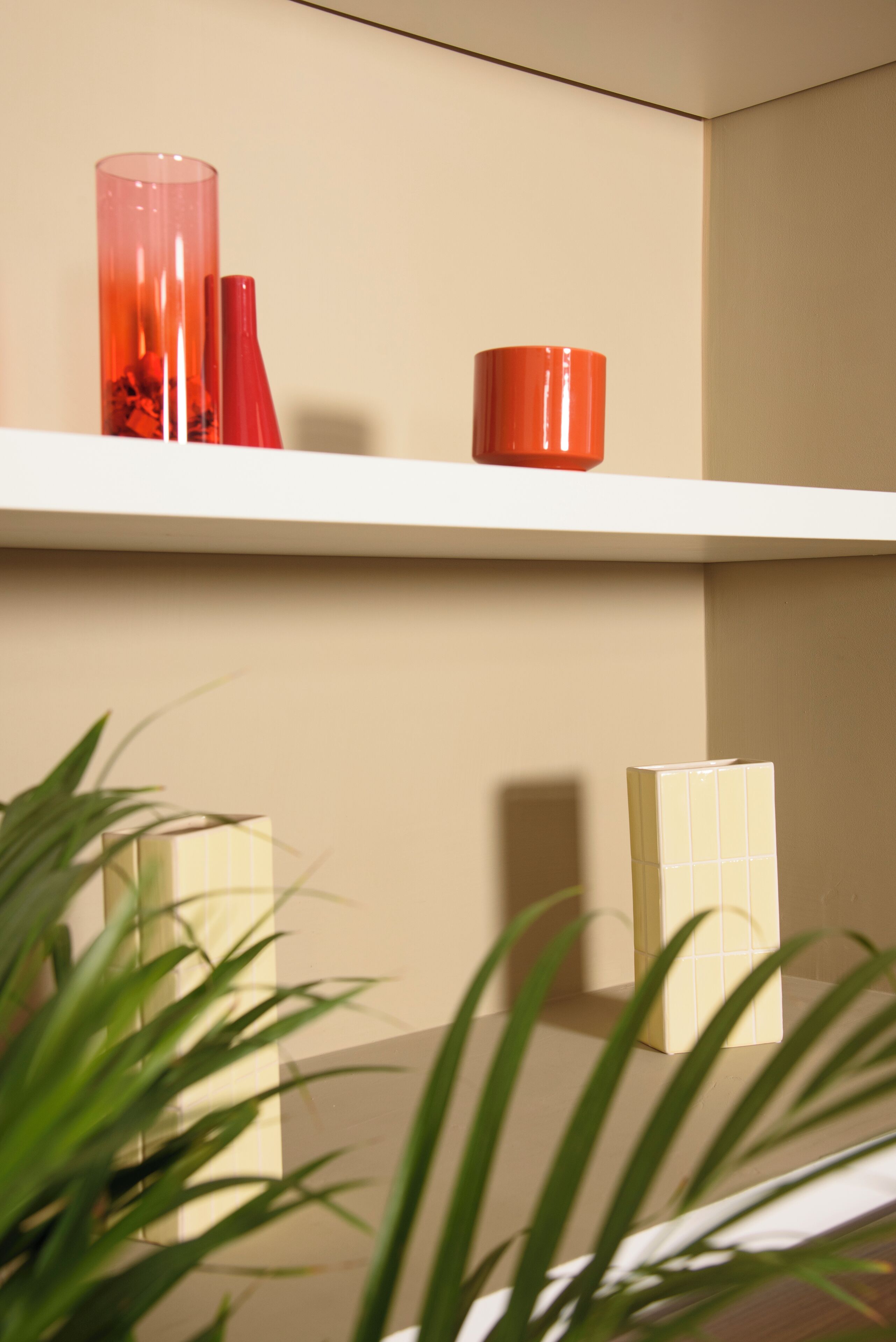 Een plank met decoratieve objecten en een potplant.