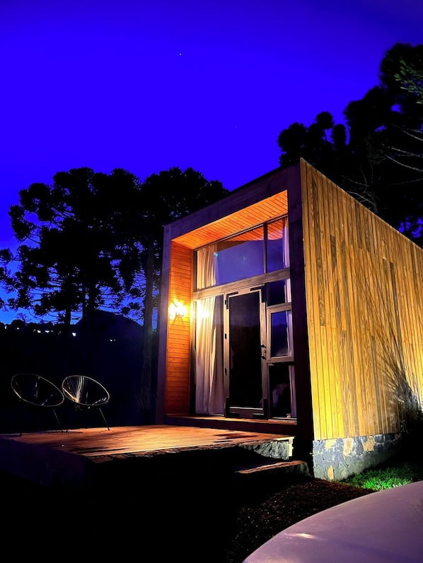A modern house with a wooden exterior, a glass door, and a small porch.
