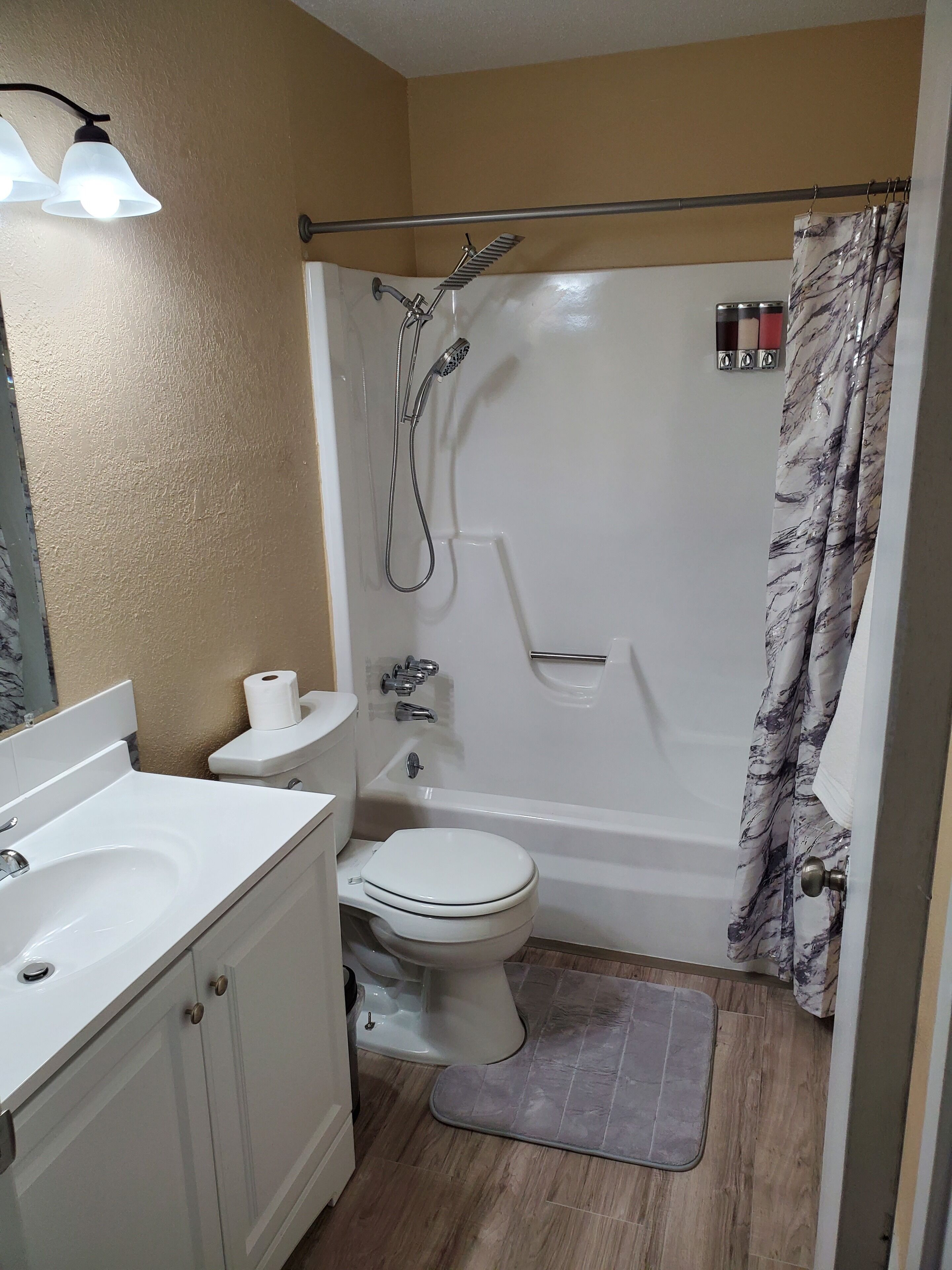 Hair dryer, towels, soap, shampoo