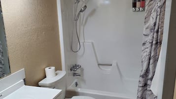 Hair dryer, towels, soap, shampoo