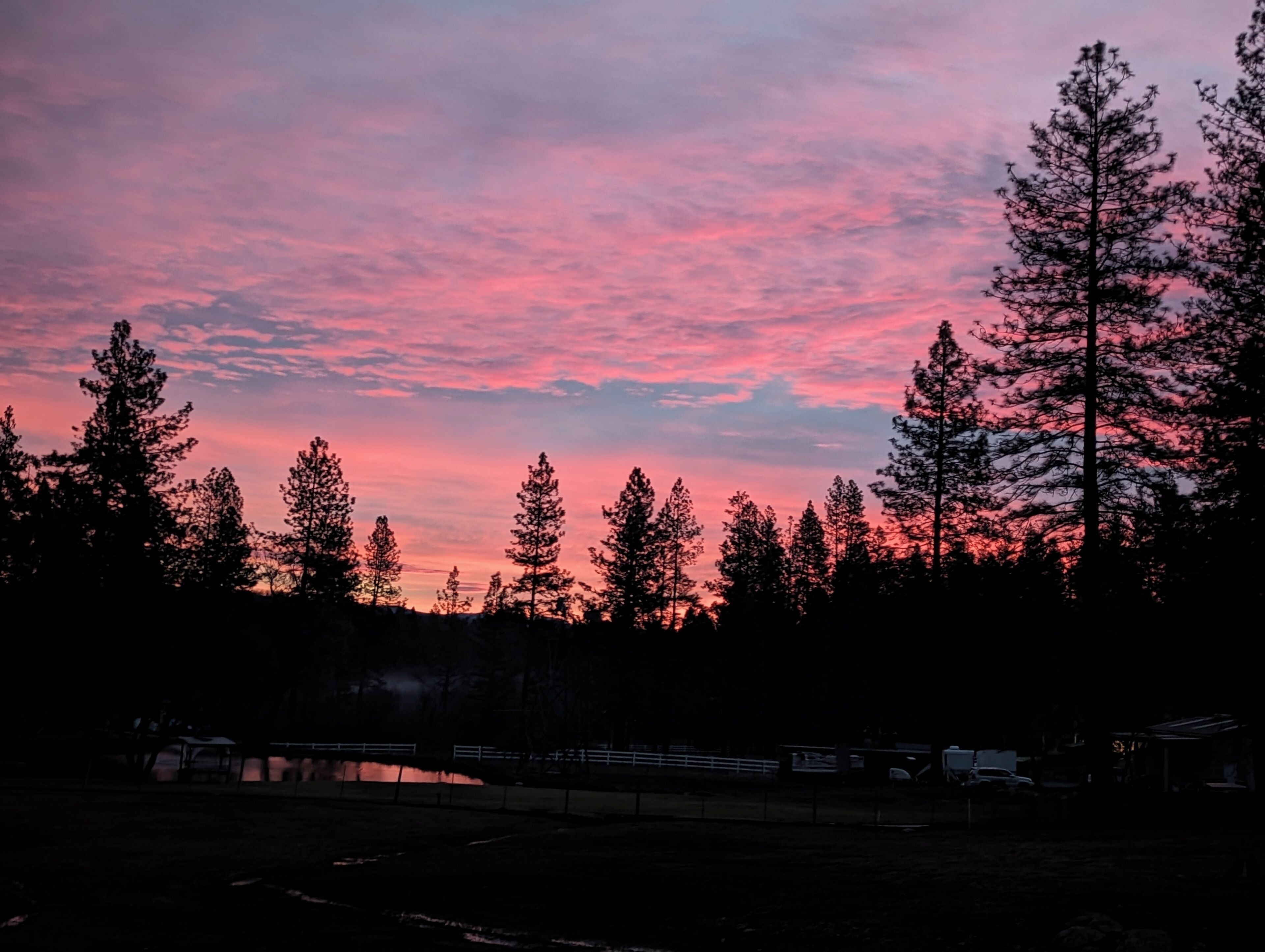 En solnedgång över en skog med en sjö och byggnader i förgrunden.