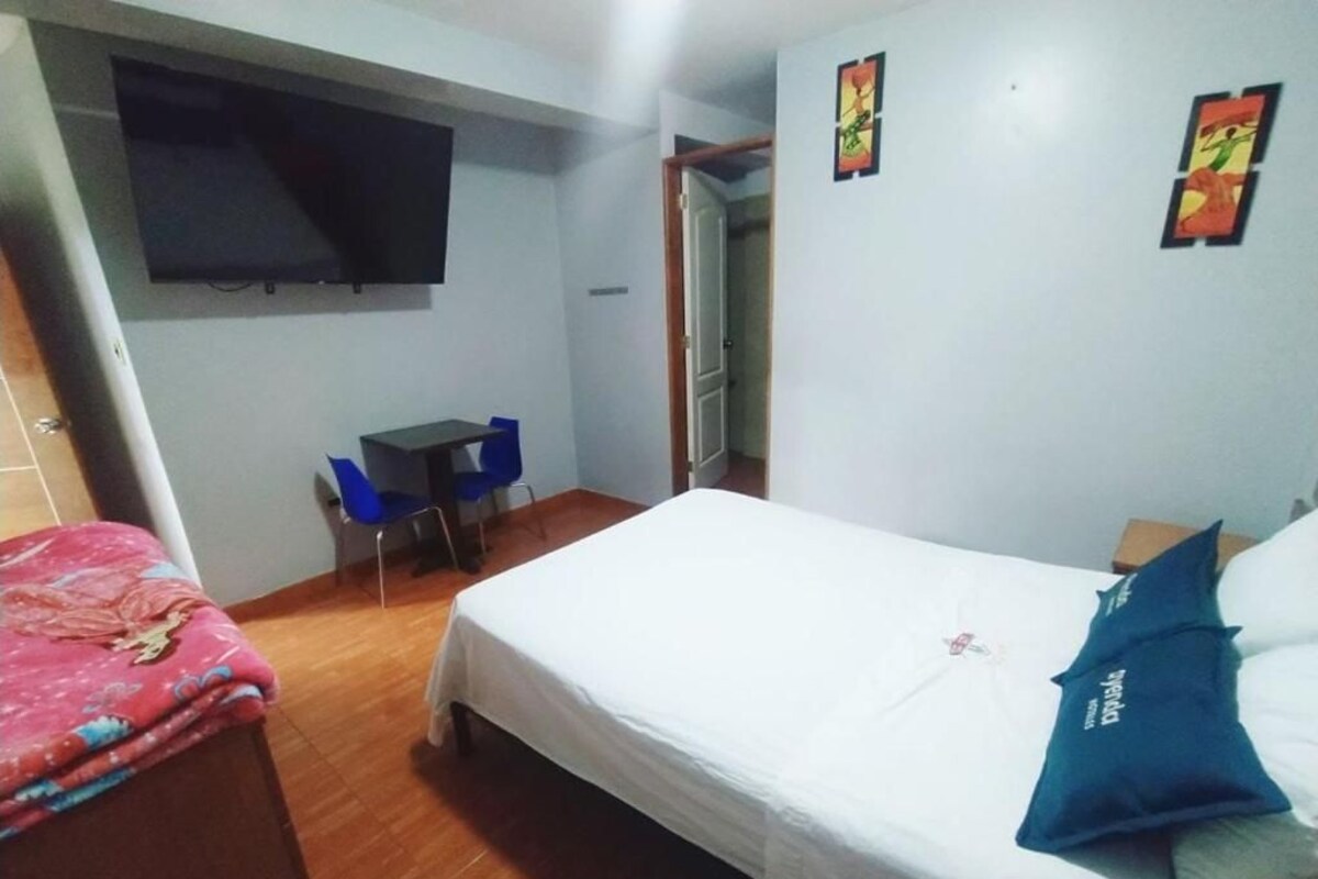 Un dormitorio con una cama, un escritorio y una silla.
