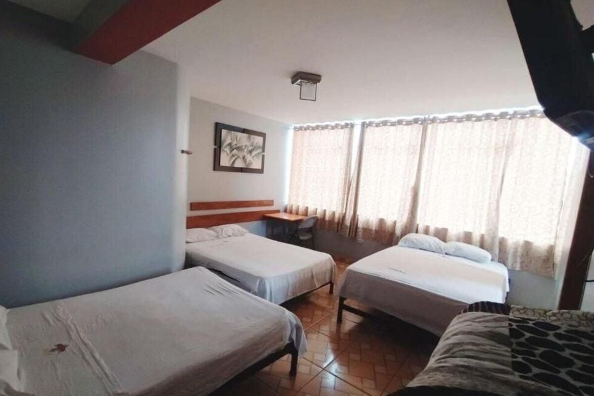 Una habitación con dos camas individuales, un escritorio y una silla.