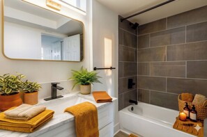 Hair dryer, towels, soap, shampoo