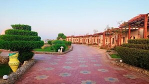 Un chemin menant à un bâtiment doté d’un toit rouge et de colonnes, entouré de verdure et bordé d’une allée dallée aux motifs décoratifs.