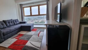 A living room with a grey sectional sofa, a flat-screen TV on a stand, and a large window with a city view.