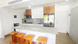 Fridge, microwave, stovetop, toaster