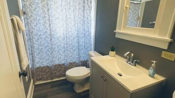 A bathroom with a toilet, sink, and mirror.