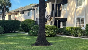 Un césped bien cuidado con un árbol central, rodeado de arbustos cuidadosamente podados y un edificio con múltiples ventanas y balcones.