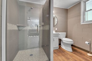 Douche, séchoir à cheveux, serviettes fournies, savon