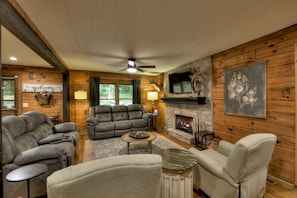 Smart TV, fireplace, DVD player, books