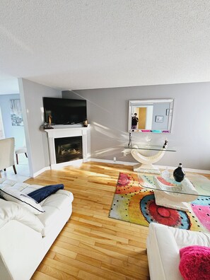 Smart TV, fireplace, books