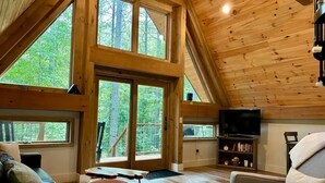 A spacious loft-style room with large windows, a television, and a bookshelf.