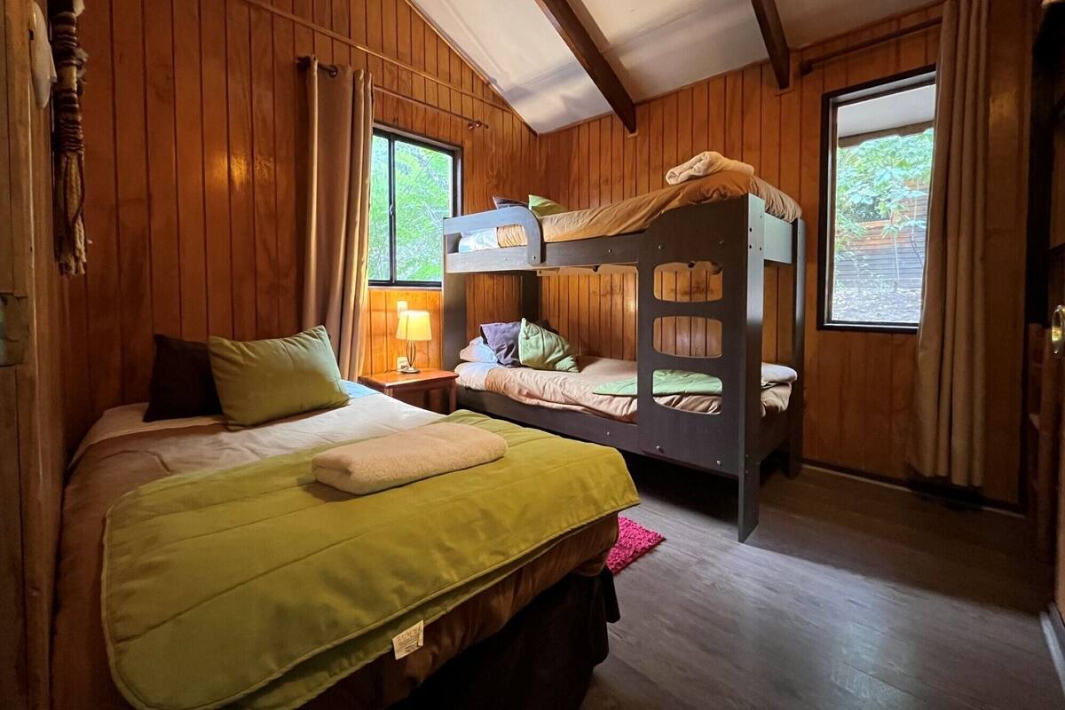 Una camera in stile baita con pareti e pavimento in legno, un letto a castello, un letto singolo e una finestra con tende.