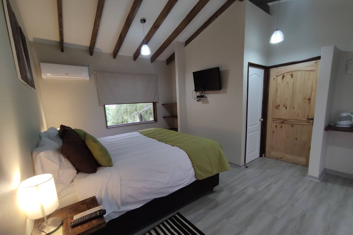 Una camera da letto con un letto, una televisione, una finestra e una porta in legno.