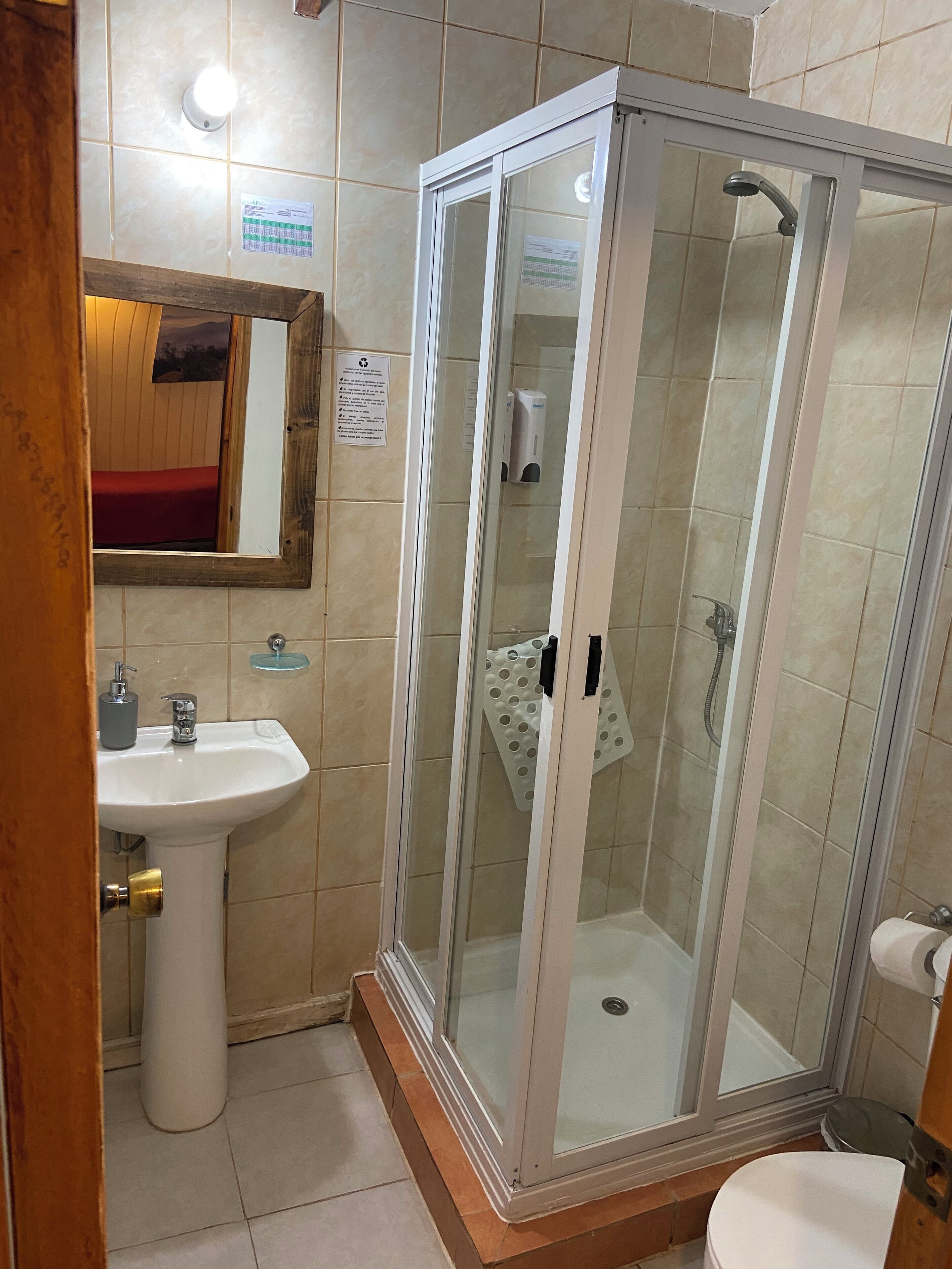 A bathroom with a glass-enclosed shower, a pedestal sink, and a toilet.